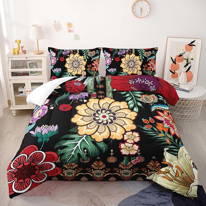 3 Pieces Colorful Floral Comforter Set,Paisley Bedding Set Twin Size,Boho Farmhouse Flower Leaves Printed on Black Design,All Season Lightweight Soft Microfiber Bedding with 2 Pillow Shams