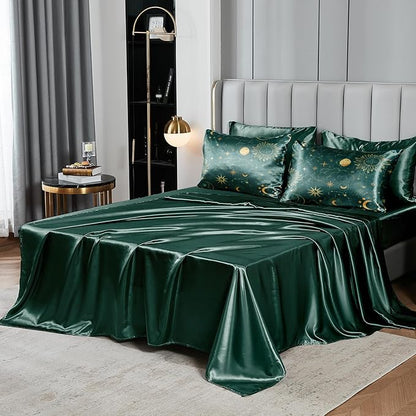 Sun and Moon Comforter Set Blue Green Satin Bedding Queen Stars Cloud Galaxy Comforter Mysterious Celestial Theme Silk Like Silky Bed in A Bag with Comforter and Sheets