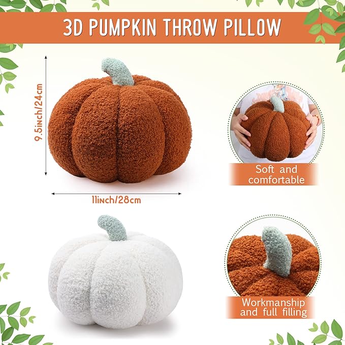 Kajaia 2 Pcs Pumpkin Pillow Plush 11 x 9.5 Inch 3D Cushion Fall Decorations Simulated Stuffed Throw Pillows for Halloween Thanksgiving Bedroom Sofa Couch Supplies (White,Brown)
