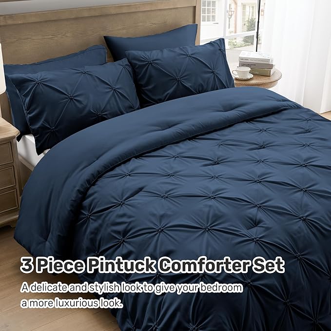 UNIKOME Queen Comforter Set Navy/Royal Blue - Ultra Soft Boho Pintuck Down Alternative Bedding Set for All Seasons, 3 Pieces Lightweight Warm Pinch Pleat Bed Set with Comforter, 2 Pillowcases