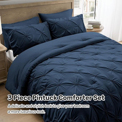 UNIKOME Queen Comforter Set Navy/Royal Blue - Ultra Soft Boho Pintuck Down Alternative Bedding Set for All Seasons, 3 Pieces Lightweight Warm Pinch Pleat Bed Set with Comforter, 2 Pillowcases