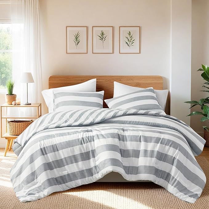 Reversible Striped Queen Comforter Set, Soft Microfiber Bedding Set with Double-Sided Stripes Design, Warm & Cozy for All-Seasons, 3-Piece Comforter and Shams Set Queen Size, Grey