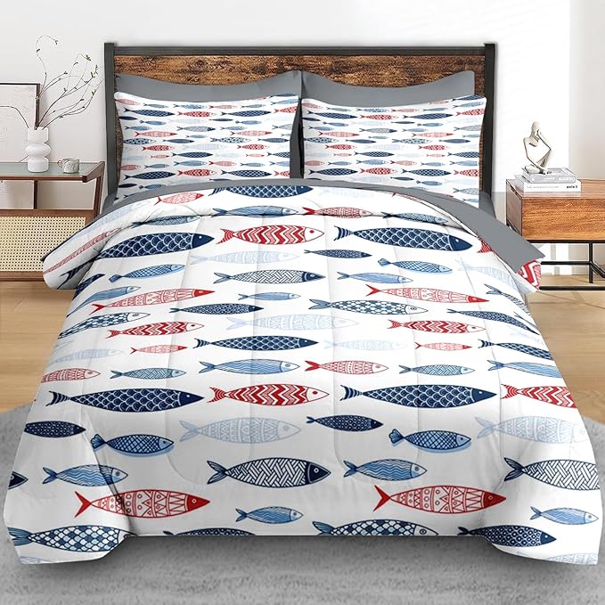 Comforter Set King Size, Fish Blue Summer 7 Pcs Bedding for Kids and Adults, Sea Cute Ocean Bed Sheet Sets with Fitted Sheet 2 Pillowcases & 2 Shams for Bedroom Bed Decor