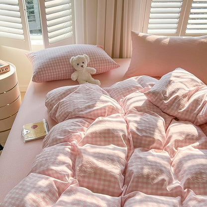 mixinni Gingham Comforter Set California King Size - 3 Piece Light Pink Plaid Farmhouse Bedding, Soft Washed Cotton All-Season Comforter & Pillow Shams, Grid Pattern Classic Style for Women Men