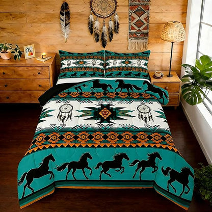 Feelyou Boho Comforter Set Full Size Southwestern Native Aztec Comforter Bohemian Dream Catchers Bedding Set Horses Duvet Set Room Decor Azure Quilt Set
