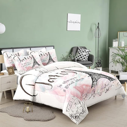 Bodhi Paris Comforter Set - Twin, Cartoon Sketch Eiffel Tower, Girls' Pink Bedding with Matching Pillowcase