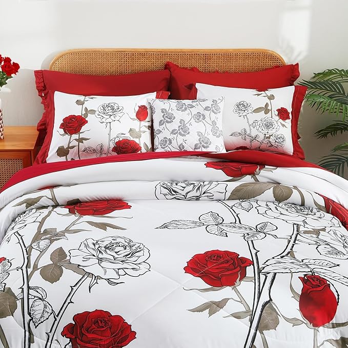 EVENHUG King Comforter Set 7 Pieces Lightweight Soft King Size Comforters for All Season Red Rose Floral Bedding Sets Bed in a Bag with Flat Sheet and Fitted Sheet Pillowcases (104"x90")