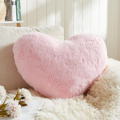 EastTree Valentines Heart Pillows, Pink Heart Shaped Pillows, Love Throw Pillows Gifts, Ultra Soft Faux Rabbit Fur Cute Pillows, Women Girls Kid Room Decor 10x13 Inch