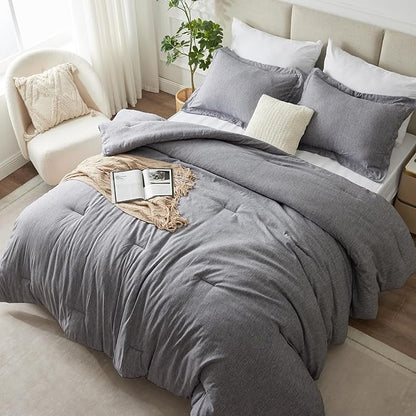 CozyLux Full Size Comforter Sets - 3 Pieces Grey Soft Luxury Cationic Dyeing Bedding Comforter for All Season, Gray Breathable Lightweight Fluffy Bed Set with 1 Comforter and 2 Pillow Shams