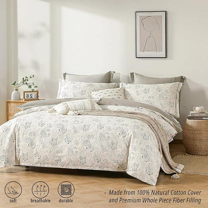 Vintage Botanical Cotton Comforter King Size 3PC - Elegant Floral Sketch on Ivory White with Tan Herringbone Reverse – Reversible Lightweight Comforter Set with Soft Fill(104"×90")