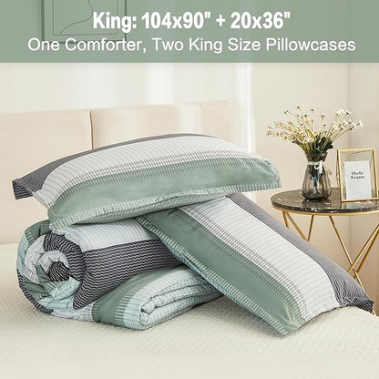 Litanika King Size Comforter Set Sage Green - 3 Pieces Lightweight Quilt Bedding Comforter Sets, Light Green White Colorblock Stripe Fluffy Bed Set, All Season Down Alternative