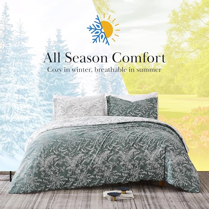 Southshore Fine Living, Inc. Comforter Set Queen Size, Hotel Quality Bedding, Floral Bed Spread with Matching Shams, Reversible Print is 2 Colors in 1, Fits Queen & Full Beds, Winter Brush Green/White