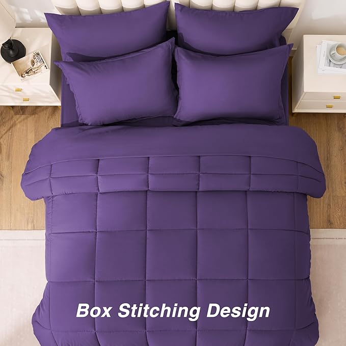 Love's cabin Full Comforter Set Dark Purple, 7 Pieces Full Bed in a Bag, All Season Bedding Sets with 1 Comforter, 1 Flat Sheet, 1 Fitted Sheet, 2 Pillowcase and 2 Pillow Sham