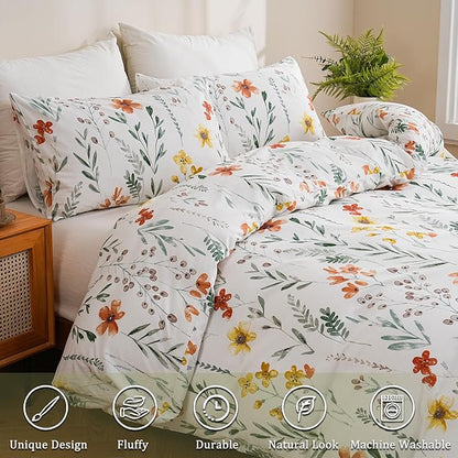Floral Comforter Set King Size, 100% Nature Cotton 3 Pcs Garden Floral Aesthetic Bedding Set Ultra Soft&Breathable Cottagecore Botanical Comforter