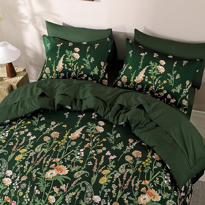Yiran Dark Green Floral Comforter Set Queen Size, 7 Piece Botanical Flowers Comforter Bedding Set, Bed in a Bag Queen, Soft Microfiber Complete Bedding Set with Sheets for All Season
