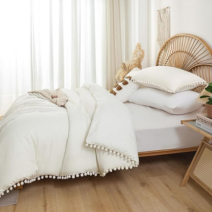 YIRDDEO Full Ivory Microfiber Comforter Set, 3pcs Boho Ball Pom Fringe Design Bedding Set (1 Comforter, 2 Pillowcases)