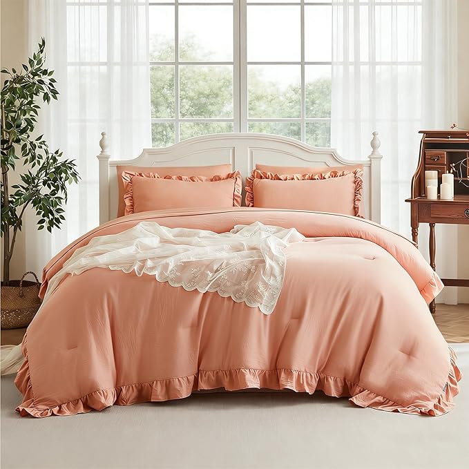MR&HM California King Comforter Set Coral Pink, Comforter Set 7 Pieces for Girls Women, Shabby Chic Vintage Cottagecore Bed Sets Boho Bed in a Bag, Ultra-Soft & Fluffy Comforter for All Season