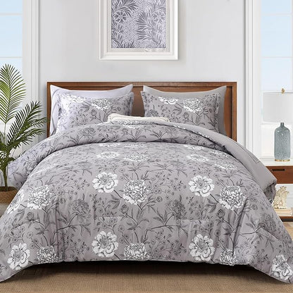 Yiran 7 Piece Bed in a Bag White Floral Comforter Set Grey Flower Bedding Set Leaves Botanical Soft Microfiber Comforter with Flat Sheet Fitted Sheet for All Season(King 104"×90")