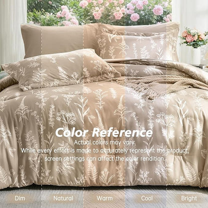 MUXHOMO Taupe Full Comforter Set, Elegant Floral Print Bed in a Bag 7 Pieces, Ultra Soft & Breathable Reversible Botanical Pattern Bedding Set with Comforter, Sheets, Pillowcases, and Shams