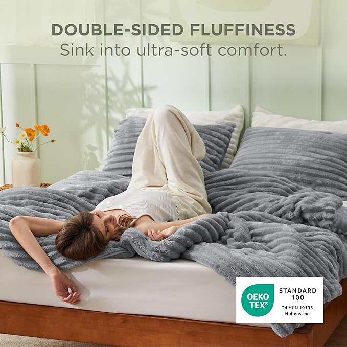 Bedsure California King Comforter - GentleSoft™ 3 Pieces Double-Side Fleece Comforter Set, Cozy Striped Room Decor Aesthetic, Luxury Grey Cal King Bedding with 2 Pillowcases, 104x96 Inches