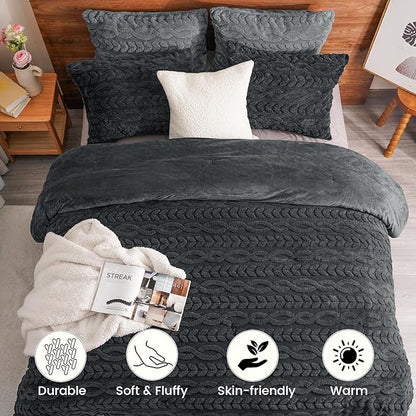 PHF Fluffy Sherpa Fleece Queen Comforter Set, 3 Pieces Warm Fuzzy Soft Bedding for Winter, 3D Tufted Flannel Plush Shaggy Bed Set, 1 Comforter (90"x90") and 2 Pillowcases (20"x26"), Dark Grey