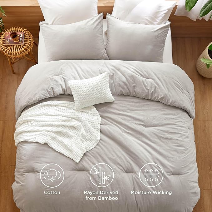 Bedsure 5 Pieces Cotton Comforter Set with Cotton Waffle Throw Blanket - Beige Queen Comforter, Pillow Shams, White Cooling Blanket of Rayon Derived from Bamboo for Hot Sleepers, Throw Pillow