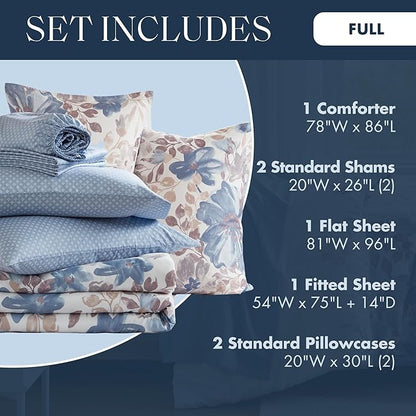 Madison Park Essentials Full Comforter Set with Sheets, Floral Bed in A Bag Microfiber Comforter for Full-Size Bed, Shabby Chic Full Bedding Set Diamond Printed Sheet, Luna, Full, Blue 7 Piece