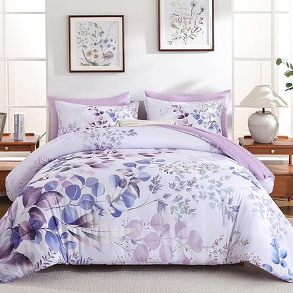 Xruibed Purple Comforter Set King Size 7 Pieces Bed in a Bag, Botanical Floral Print Bed Sets, Elegant Flower Comforter with Sheet Set, Soft Microfiber Bedding Set for All Season (Purple, 104"x90")