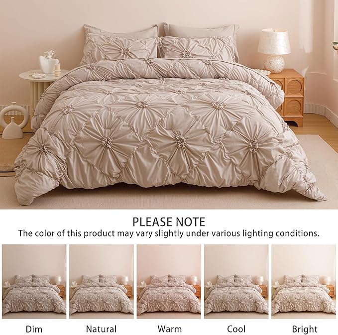 Khaki Full Comforter Set - 7 Pieces Bed in a Bag, Premium Comforters Full Size Bed Set Pintuck Pinch Pleat Complete Comforter Set with Flat Sheet, Fitted Sheet and Pillowcases,Khaki