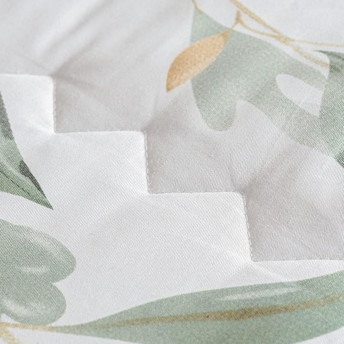 Cotton Comforter Queen Size Set – White Green Botanical Leaves Cotton Shell Bedding, Soft & Breathable, All-Season Down-Alternative Fill, Includes 1 Comforter & 2 Pillow Shams