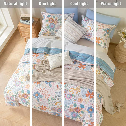 Blue Floral Cotton Comforter Queen Size - Vibrant Artistic Blooms & Boho Geometric Patterns, White & Soft Blue, 3PC Lightweight Bedding Sets with Down Alternative Fill(90"×90")