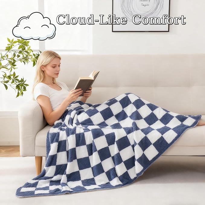 MorroMorn Checkered Blanket for Couch Bed Sofa Chair, 2-Layers Soft Cozy Fleece Plaid Blankets Checkerboard Grid - Fluffy Fuzzy Warm Lightweight Home Decor (Navy Blue, Twin 60"x80")