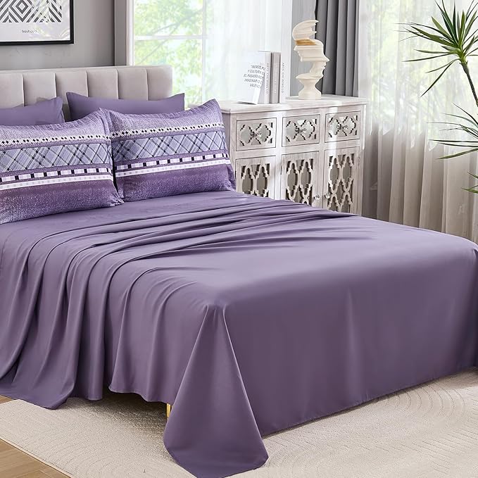WONGS BEDDING 8 Piece Queen Size Comforter Set, Texture Striped Bed in a Bag Purple Comforter and Sheet Set, Boho Lightweight Microfiber Bedding Set for All Season (90"×90")