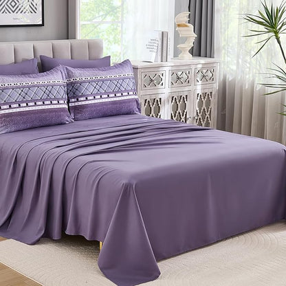 WONGS BEDDING 8 Piece Queen Size Comforter Set, Texture Striped Bed in a Bag Purple Comforter and Sheet Set, Boho Lightweight Microfiber Bedding Set for All Season (90"×90")