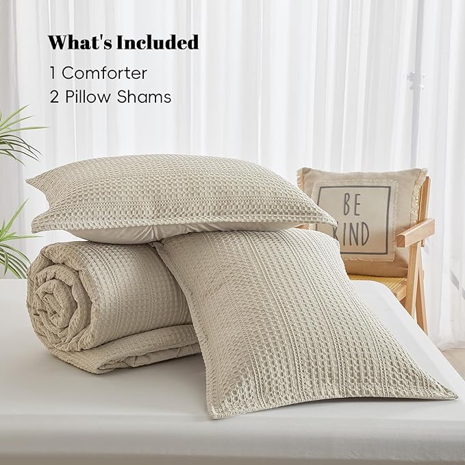 PHF Soft Waffle Comforter Set King Size- Comfy Breathable Waffle Weave Comforter with 2 Pillow Shams, 3 Pieces Less Snagging Lightweight Textured Bedding Set for All Season, Natural/Linen