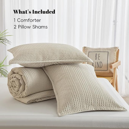 PHF Soft Waffle Comforter Set Queen Size- Comfy Breathable Waffle Weave Comforter with 2 Pillow Shams, 3 Pieces Less Snagging Lightweight Textured Bedding Set for All Season, Natural/Linen