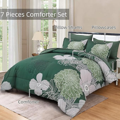 Yiran 7 Pieces Queen Floral Comforter Set,Emerald Green Bed in a Bag Flowers Comforter,Soft Microfiber Bedding Set with Comforter, Sheets, Pillowcases & Shams 90"×90"