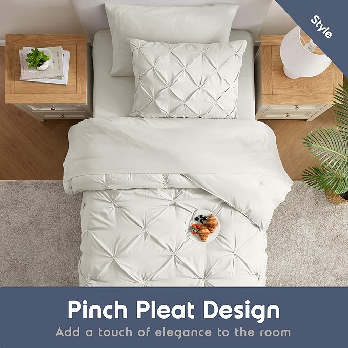Nestl Twin Comforter Set 5 Piece - Pintuck Twin Bedding Set Off White, College Dorm Room Essentials for Girls and Boys Bed in a Bag Twin All Season, Twin Comforter Set with Sheets, Pillowcase and Sham