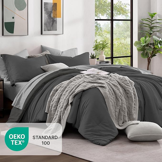 Monbix California King Comforter Set - 7 Pieces Cationic Dyeing Dark Grey Bed in a Bag Cal King Bed Sets with Comforter, Sheets, Pillowcases & Shams, Reversible Bedding Comforters Sets