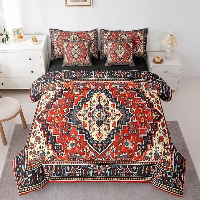 Red Vintage Bedding Comforter Sets Art Deco Bed in a Bag, Oriental Bedding Queen Size 7pcs Retro Traditional Comforter Set, Boho Aesthetic Bedding Accessories Hippie Paisley Bedroom Decor Microfiber