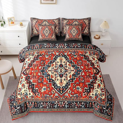 Red Vintage Bedding Comforter Sets 7pcs Art Deco Bed in a Bag, Oriental Twin Bedding Sets Retro Traditional Comforter Set, Boho Aesthetic Bedding Sets & Collections Hippie Paisley Bedroom Decor