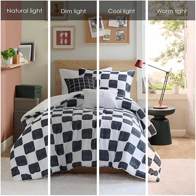 Intelligent Design Comforter Set Chic Black & White Checkered Print, Modern Lightweight All Season Bed Set, Sham, Décor Pillows, Miley, Twin/Twin XL, Black/White 4 Piece