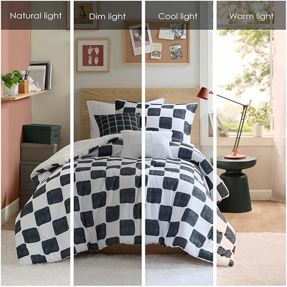 Intelligent Design Comforter Set Chic Black & White Checkered Print, Modern Lightweight All Season Bed Set, Sham, Décor Pillows, Miley, Twin/Twin XL, Black/White 4 Piece