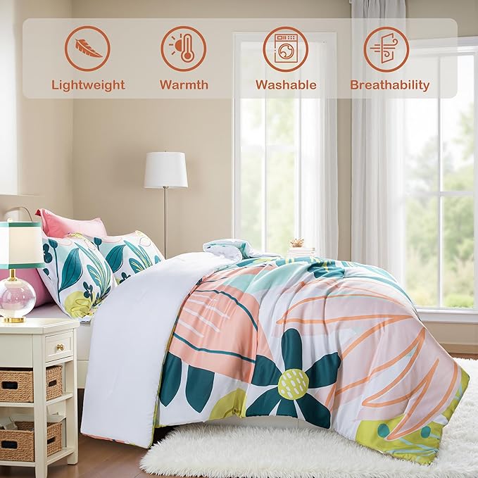 Boho Floral Queen Comforter Set - 3 Piece Farmhouse Botanical Bedding Comforter Sets for All Season Soft Lightweight Mid Century Bed Set, (1 Reversible Comforter and 2 Pillow Shams