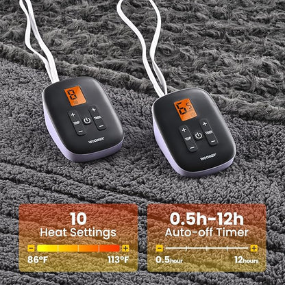 WOOMER Heated Blanket King Size 100" x 90", Electric Blanket with Dual Controls, 0.5-12 Hours Timer & 10 Heating Levels, ETL Certified, Dark Grey Rose Patterns Faux Fur & Sherpa, Machine Washable