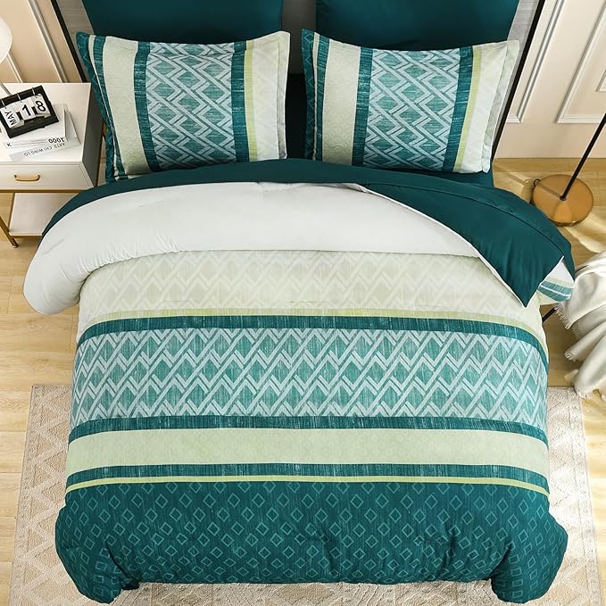 Cottolester Green Comforter Set Queen Size,Boho Striped Bed in a Bag,Spring Summer Plaid Comforter and Sheet Set, Soft Microfiber Complete Bedding Sets