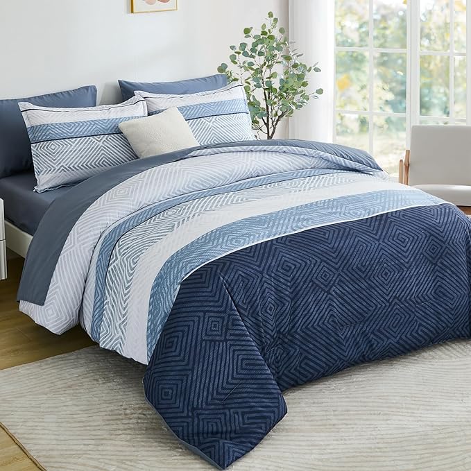 Drucon Blue Comforter Set Full Size 7 Piece Bed in a Bag, Boho Striped Bedding Set, Soft Microfiber Comforter and Sheet Set for All Season