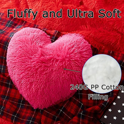 MorroMorn Fluffy Heart Throw Pillows, Shaggy Decorative Pillow for Sofa Couch Bed, Cute Room Decor Decorations for Women Girls Kids (Hot Pink)