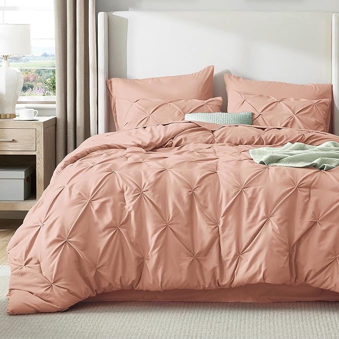 Bedsure California King Comforter Set Dusty Pink - Bed in a Bag California King 7 Pieces, GentleSoft™ Pintuck Bed Set Gift for Family, Pinch Pleat Dusty Pink Comforter with Sheets, Pillowcases & Shams