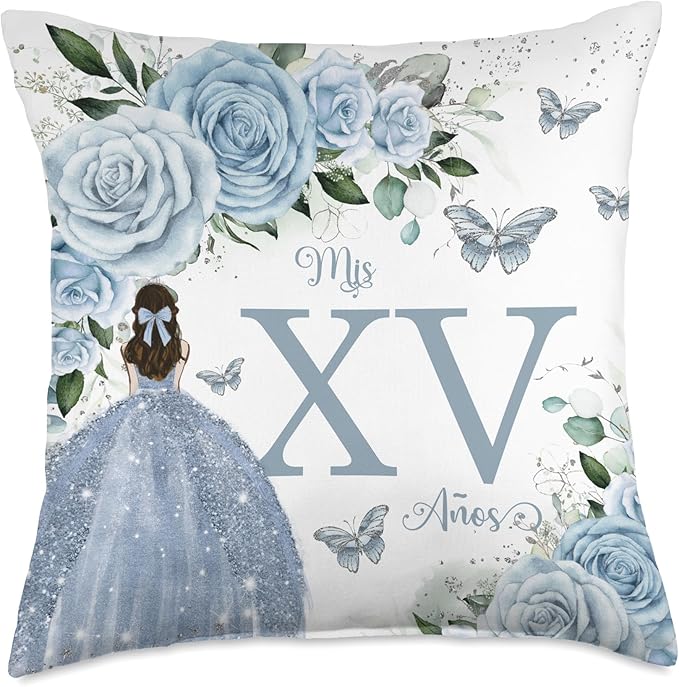 Baby Blue Floral Roses Princess Quinceañera Mis XV Años Throw Pillow